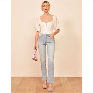 REFORMATION 90s High Waist Distressed Light Stretch Denim Straight Leg Jean 25